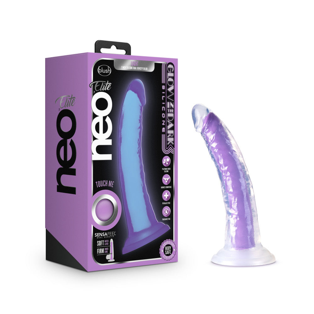 Neo Elite By Blush® | Glow In The Dark Neon Purple: 7.5-Inch Long Dildo - Made with Purio™ Silicone & SensaFeel® Dual Density Realistic Technology