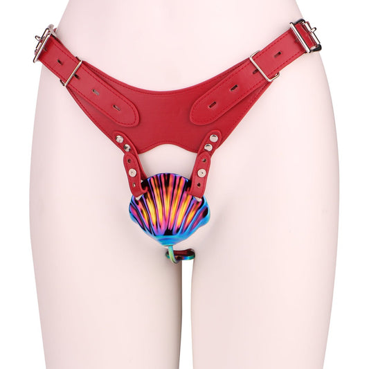 Rainbow Shell-Design Chastity Cage with Red Adjustable Harness