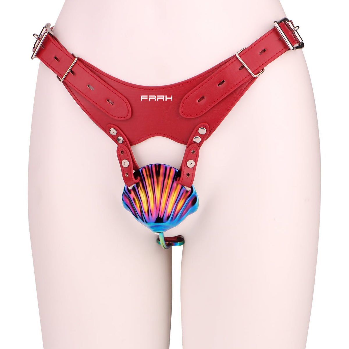 Rainbow Shell-Design Chastity Cage with Red Adjustable Harness