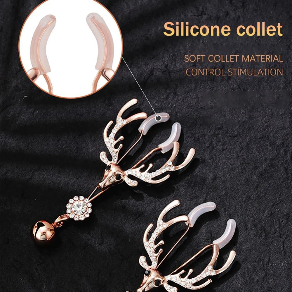 Venusfun Adjustable Metal Deer Head Nipple Clamps Elegant Rhinestone Breast Clips for Sensual Couples Play